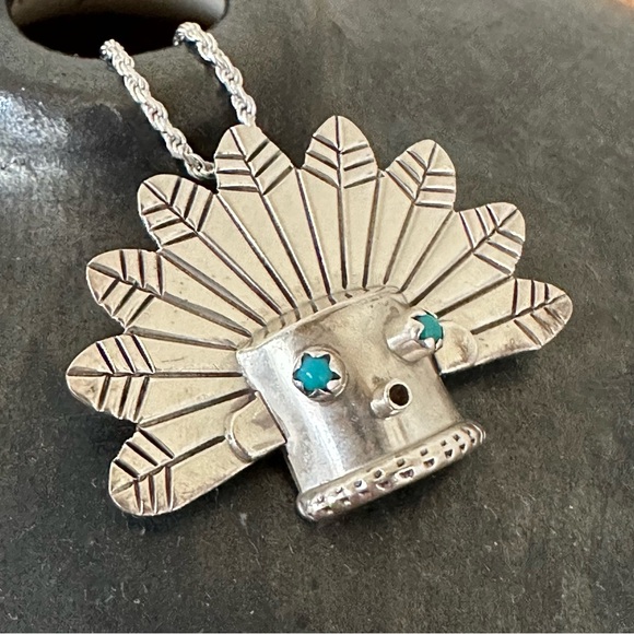 Vintage Sterling Silver Turquoise Kachina Pendant Necklace Native American Style - Picture 5 of 10